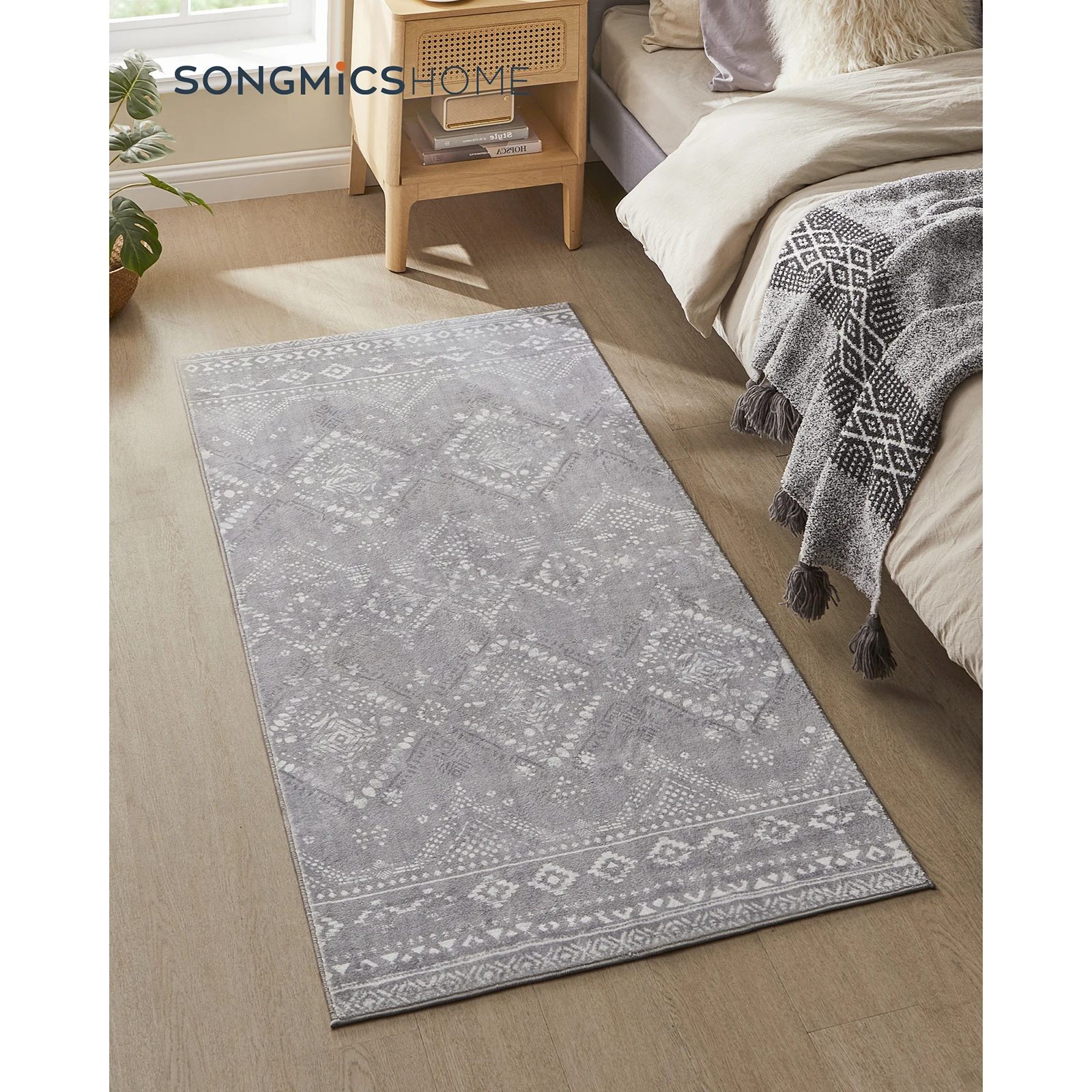 SONGMICS HOME Area Rug, 80x150cm, Non-Slip, Machine Washable, Boho Style, Dove Grey, Bedroom/Living Room Decor