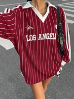 Women's Casual Striped Letter & Number Print Athletic Polo Collar Long Sleeve T-Shirt Drape Oversize Tops Streetweat Spring/Fall - Image 4