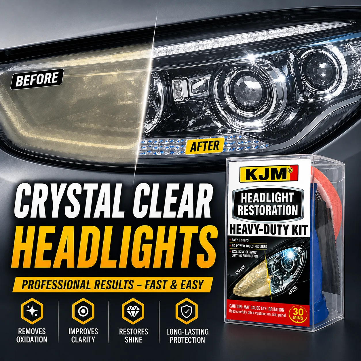 KJM Car Headlight Restoration Kit Plastic Lens Repair Set With Sanding Discs Wax Protectant Tape For Headlights Taillights