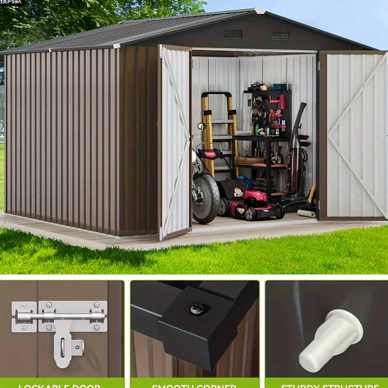 10x8FT Large Metal Outdoor Storage Shed, Lockable Doors & Air Vent For Backyard Patio Lawn To Store Bikes