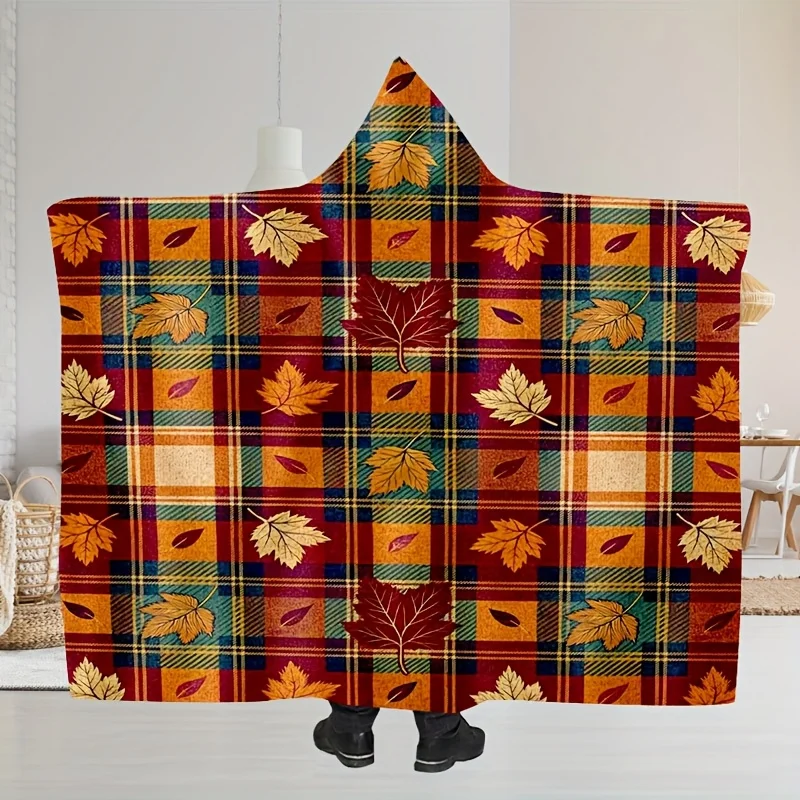 Flannel Digital Print Flannel Hooded Cape Style Cape, Lazy Cute Gift Retro autumn Maple Leaf Print Blanket Comfortable