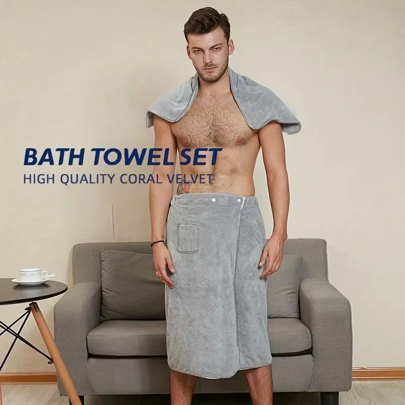 2 Pcs Men's Quick-Dry Coral Fleece Bathrobe Set - Adjustable Waistband with Pockets, Premium SPA Bath Essentials