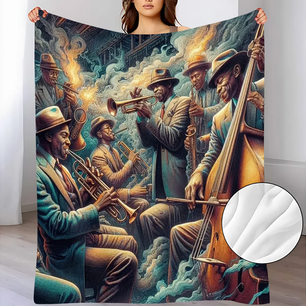Vintage Jazz Band Flannel Throw Blanket Retro African‑American Musicians Playing Trumpet Saxophone Double Bass Smoky