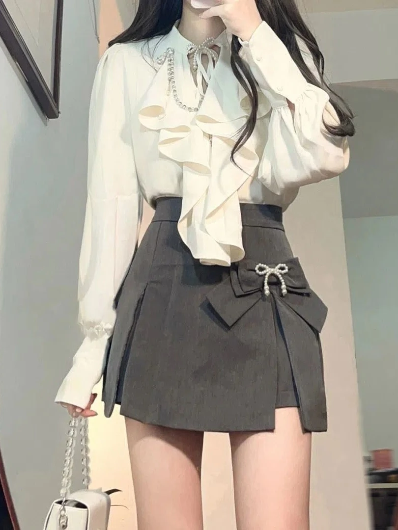 

Elegant Vintage Long Sleeve Shirt And High Waist Skirt Two Piece Set for Women Spring Summer Fashionable Compact Size