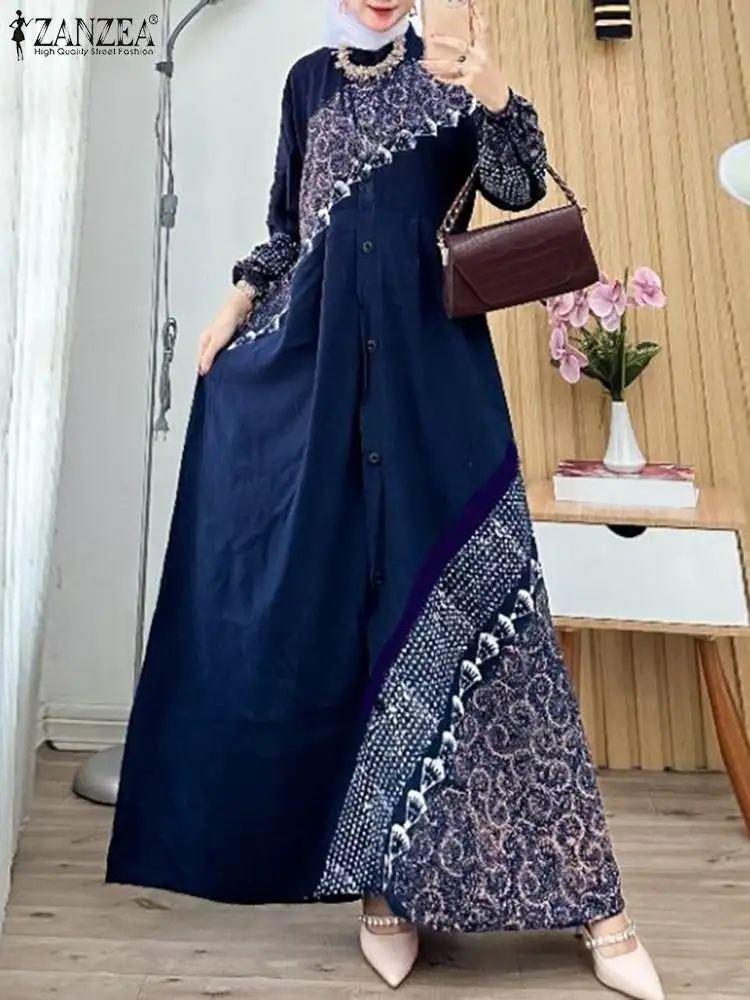 

Vintage Women Long Sleeve Floral Printed Muslim Dress ZANZEA Fashion Autumn Dubai Abaya Hijab Vestido Maxi Sundress Robe Femme