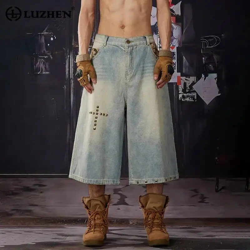 

LUZHEN 2026 Summer Vintage Style Rivet Metal Decorate Patchwork Straight Denim Pants Men's Trendy Casual Cropped Jeans JY7616