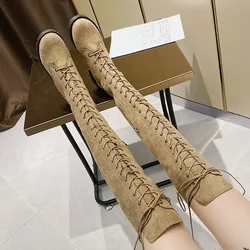 Cow Suede Over The Knee Modern Boots Square Heel Winter Ladies Shoes 2024 Hot Sale Lace-up Round Toe Low Heel Women's Boots