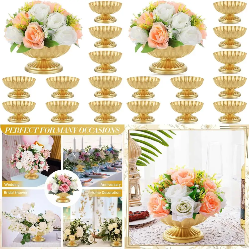 

Medium Bright Gold Metal Compote Bowls, Set of 10, for Flower Centerpieces, Vases, Indoor/Outdoor Use, Ideal for Christmas, Wedd