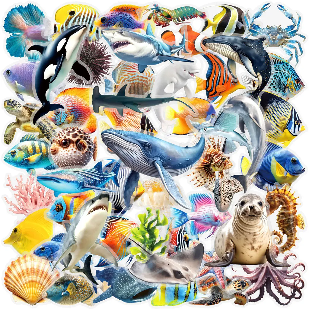 

50 Pcs Double-Sided Transparent Marine Animal Graffiti Stickers PET Waterproof Decor for Walls Books BulingBulingStickers Store