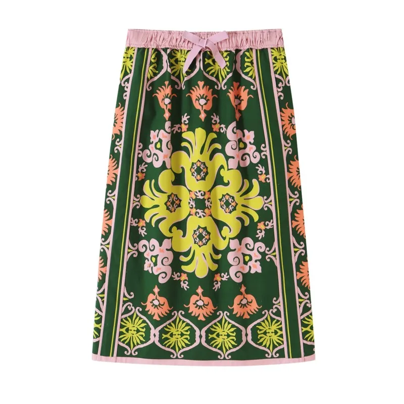 Women's Printed Skirts Set Autumn V-neck Lace-up Long Sleeve Loose Top Mid-waist Elastic Waist Skirt Fashion Casual 2 Piece Set image 6