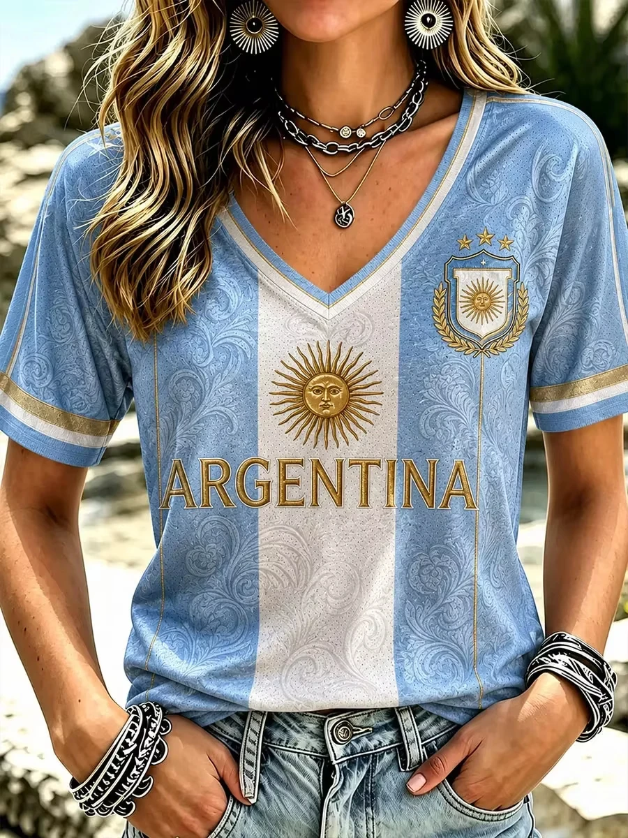Women's Argentina T-shirt Summer Fashion Casual Sports Loose Short Sleeve Round Neck High Quality Pullover Top