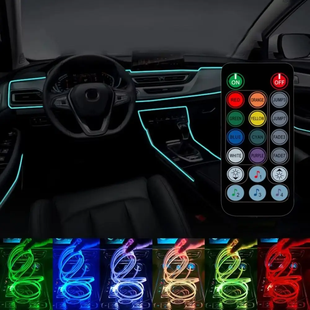 

RGB Цветной автомобильный окружающий свет Гибкая полоса с дистанционным управлением Неоновая полоса для салона автомобиля Мягкий свет Многорежимная светодиодная декоративная лампа