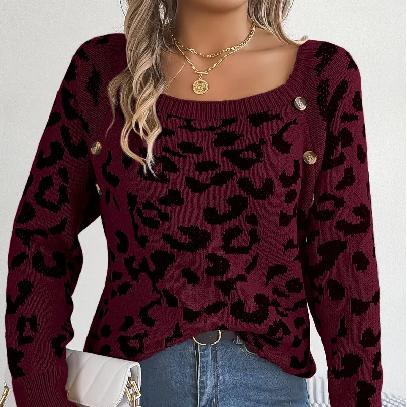 2023 Autumn and Winter Women\'s Pullover Square Neck Button Contrast Leopard Pattern Slim Fit Sweater Fashion Long Sleeve Tops