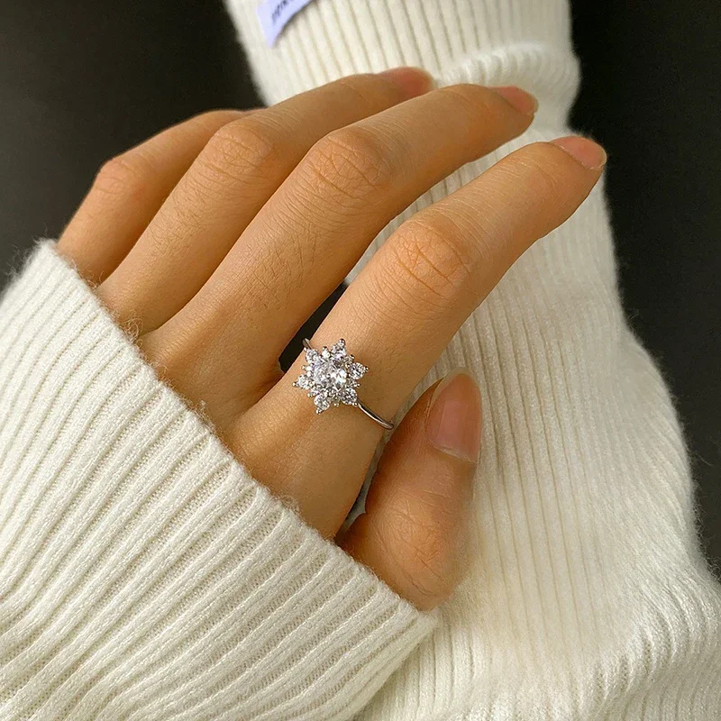 Huretailers-Bague en argent regardé 925 avec flocon de neige délicat, bijoux de luxe Kendning, accessoires de fiançailles, bande de mariage chic, contre-indiqué