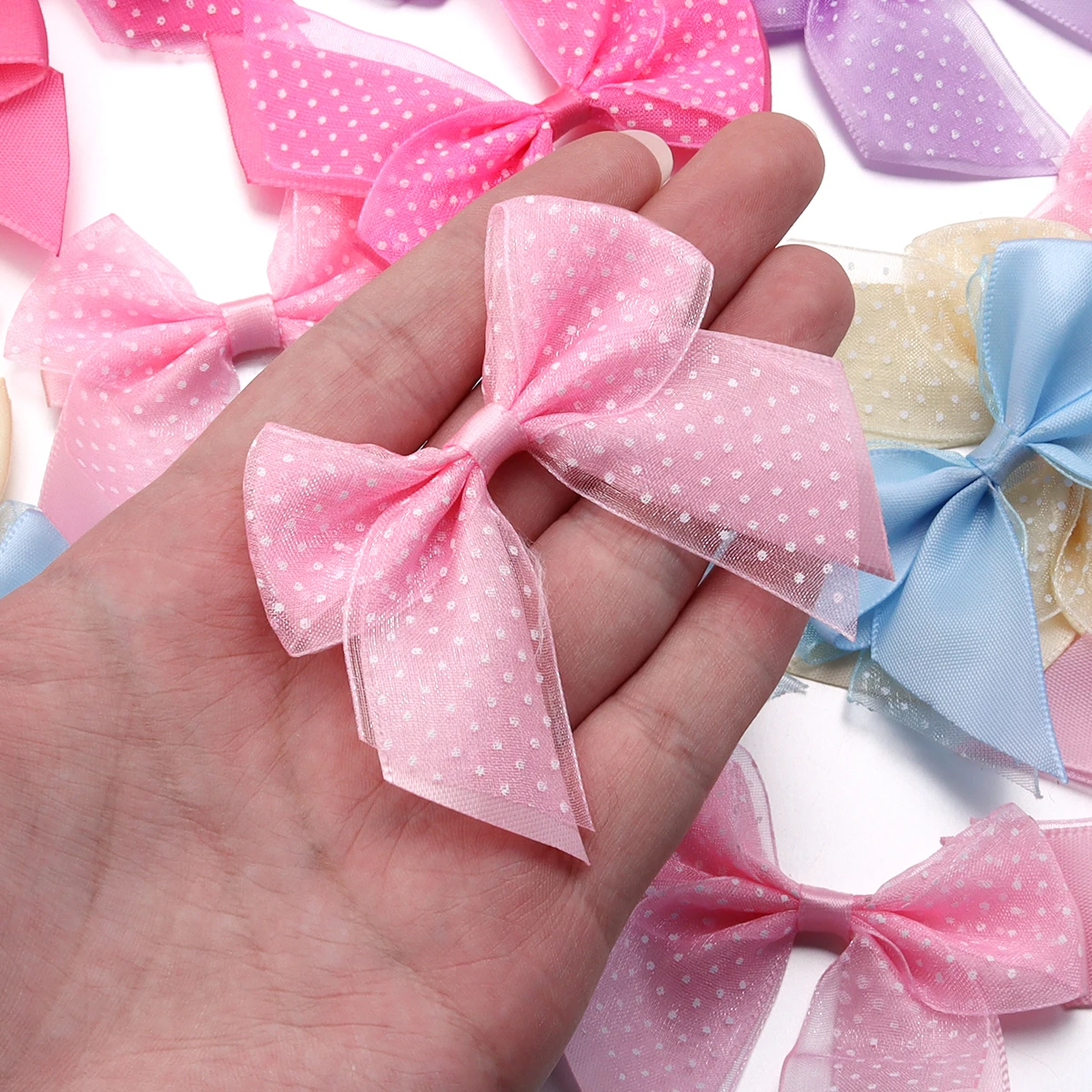 10Pcs/Lot 7*6.5cm Wave Point Double Layers Organza And Polyester Satin Ribbon Bows For DIY Sewing Crafts Handwork Gift Accesso