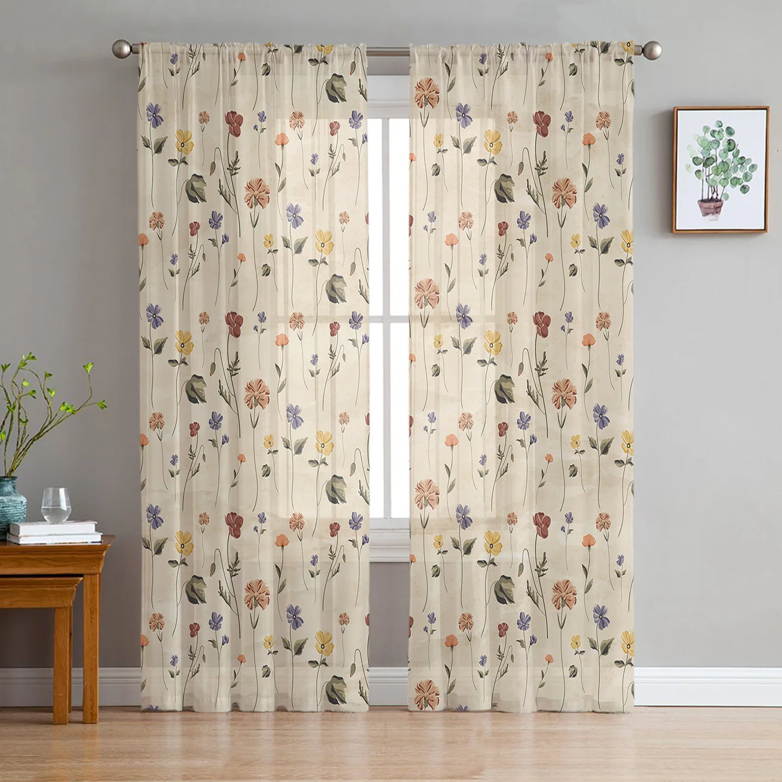 

3D Retro Floral Tile Pattern Tulle Curtains For Living Room Voile Sheer Window Curtain For Bedroom Chiffon Curtains For Kitchen