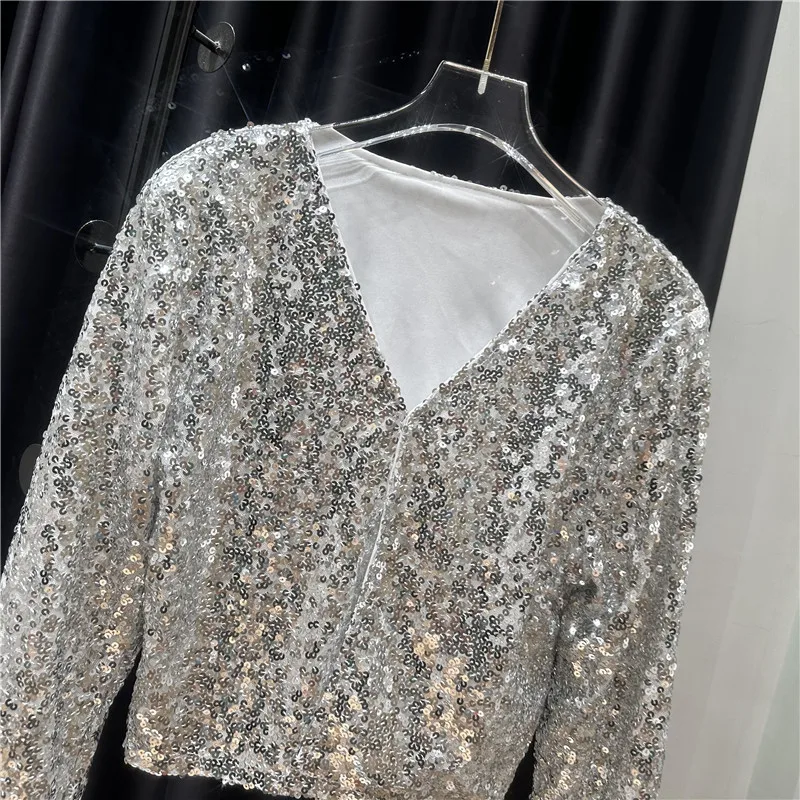 Womens Shiny Sequin Long Sleeve Cropped Blazer Bolero Shrug V-Neck Sequined Cardigan Jacket Slim Short Coat Tops Casual Female