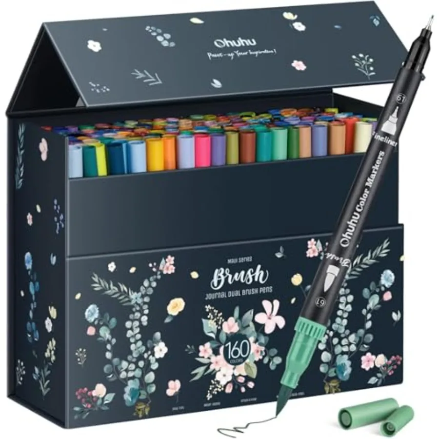 

Markers for Adult Coloring Books No Bleeding 160 Colors Coloring Markers Water-based Dual Tips Fineliner and Brush Drawing Pens