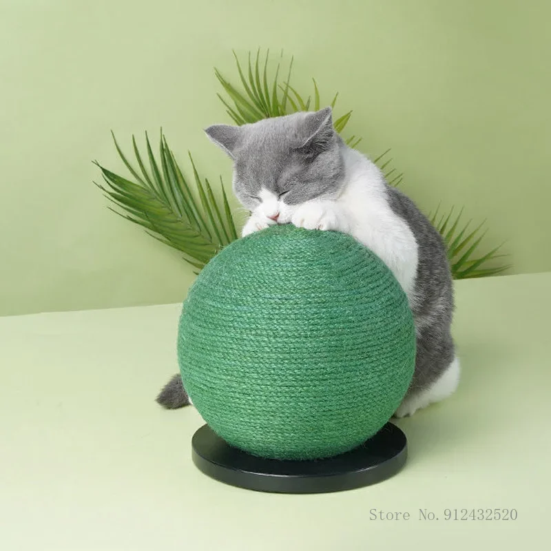 Wear-Resistant Woven Sisal Cat Scratch Ball Wood Base Pet Interactive Toy Scratching Post Funny Scratcher Board Supplies 1Pc