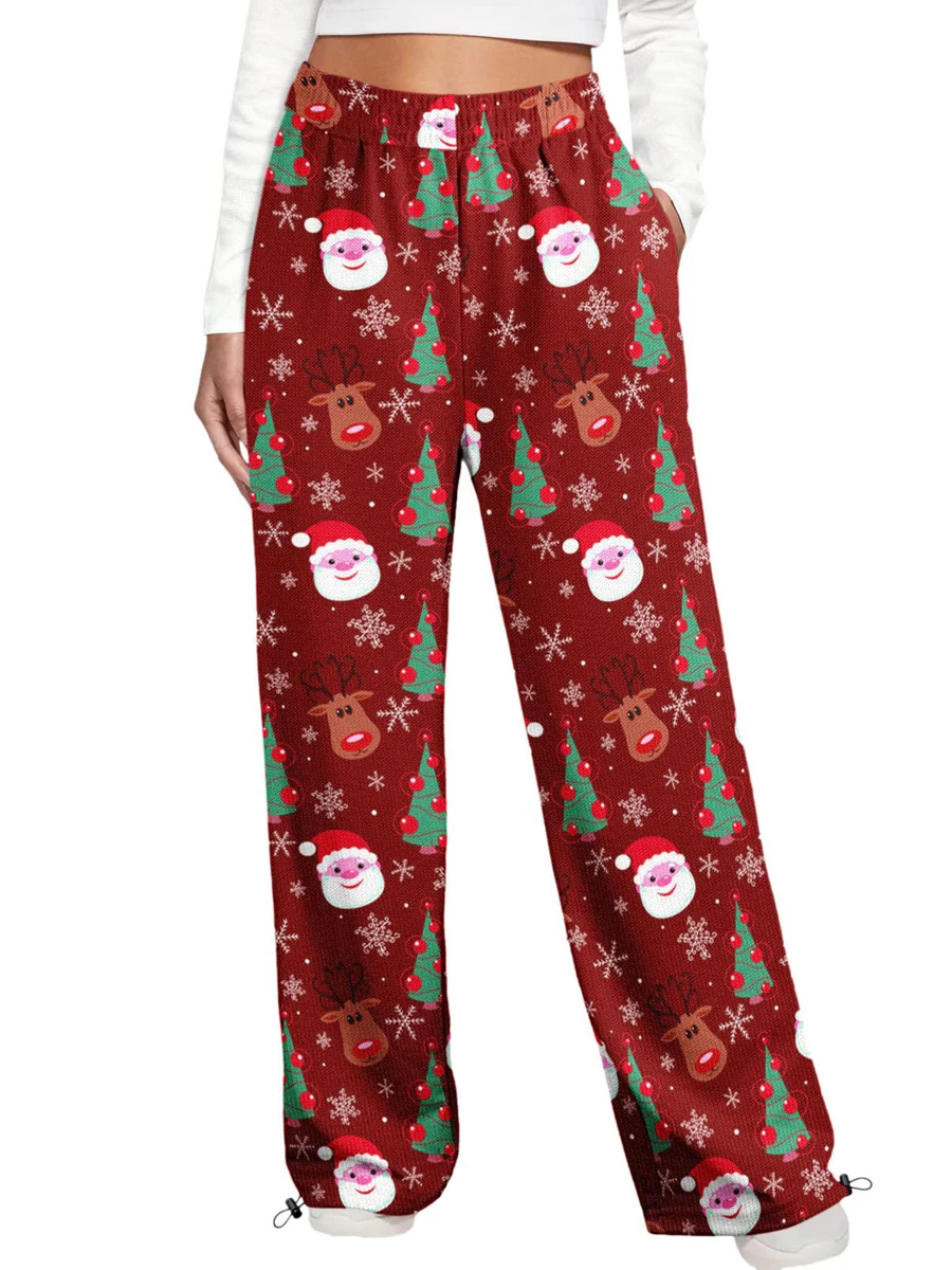 Women Christmas Pants Elk Santa Claus Print Drawstring Trousers Loose Pajamas Pants