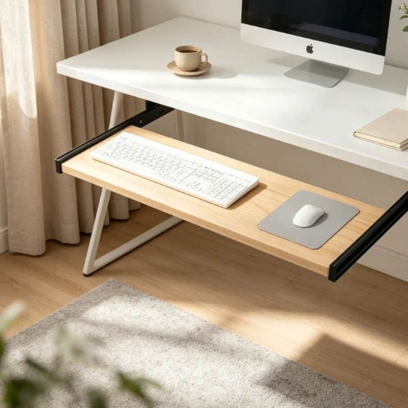 Desk Setup With Keyboard Tray - Plateau de clavier en bois sous