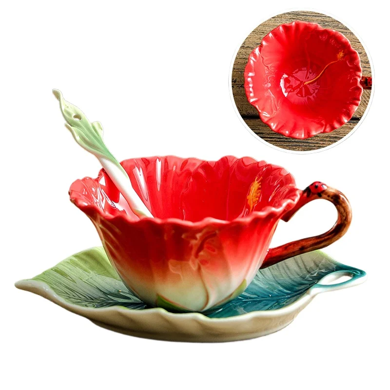 180Ml teacup retro teacup enamel cup flower-shaped ceramic teacup tea saucer set