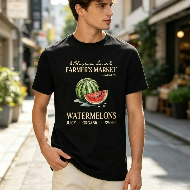 Watermelon Farmer Market T-Shirt for Men Vintage Fruit Market Print Casual Streetwear Basic Short Sleeve Tee