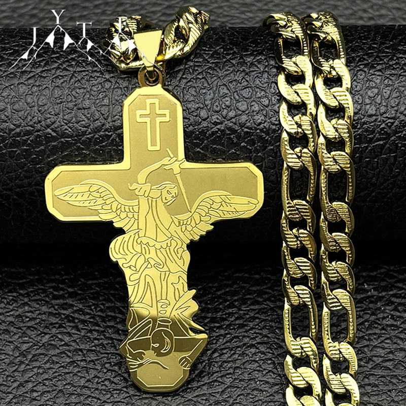 

Christian Archangel St.Michael Protect Us Cross Pendant Necklace for Men Stainless Steel Saint Michael Hip Hop Chain Jewelry
