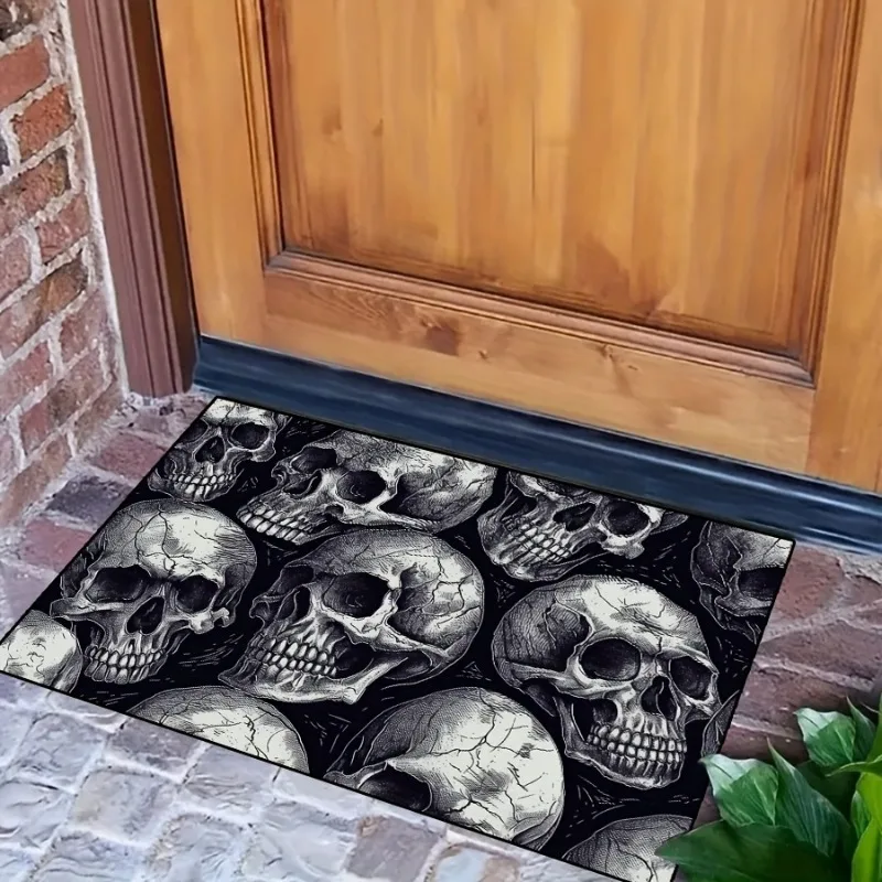 Halloween Skull Doormat Rug Pad Rectangle Mat for Entrance Living Room Bedroom Kitchen Lightweight Washable Festive Home Decor