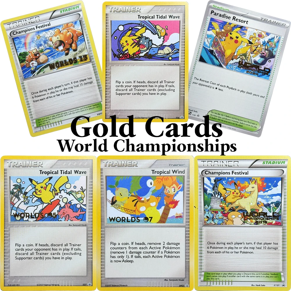 Pokemon Wereldkampioenschappen Gouden Kampioen Proxy Spelkaarten Engelse werelden 2015-2019 # 2022-2025 # 13-14 Verzamel geschenken Normale kaarten