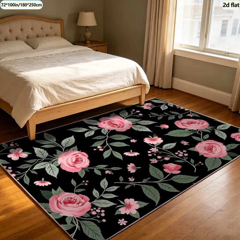 Black Base Carpet with Pink Rose Plant Pattern, Artistic Floral Pattern Carpet, Suitable for Living Room, Bedroom, and Home Interior Decoration