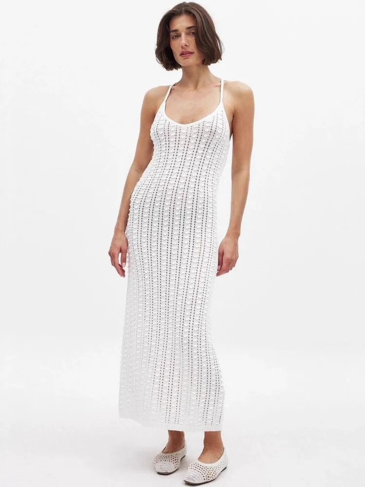

Sexy Women Long Knit Beach Dress Hollow-Out Deep V-Neck Sleeveless Bikini Cover-Ups Dress Fall Backless Holiday Dress 2026