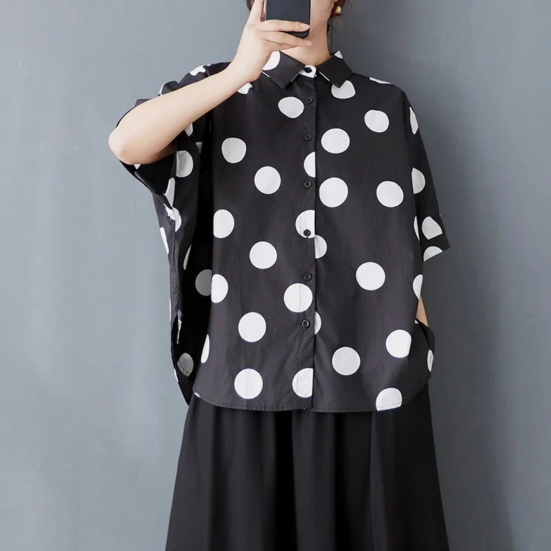 

new artistic polka dot print large edition loose bat shirt fashionable and versatile Japanese and Korean casual trendy top