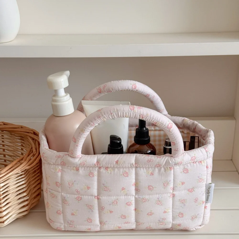 Rose Series Small Quilted Foldable Storage Basket for Miscellaneous Items and Desktop Organization