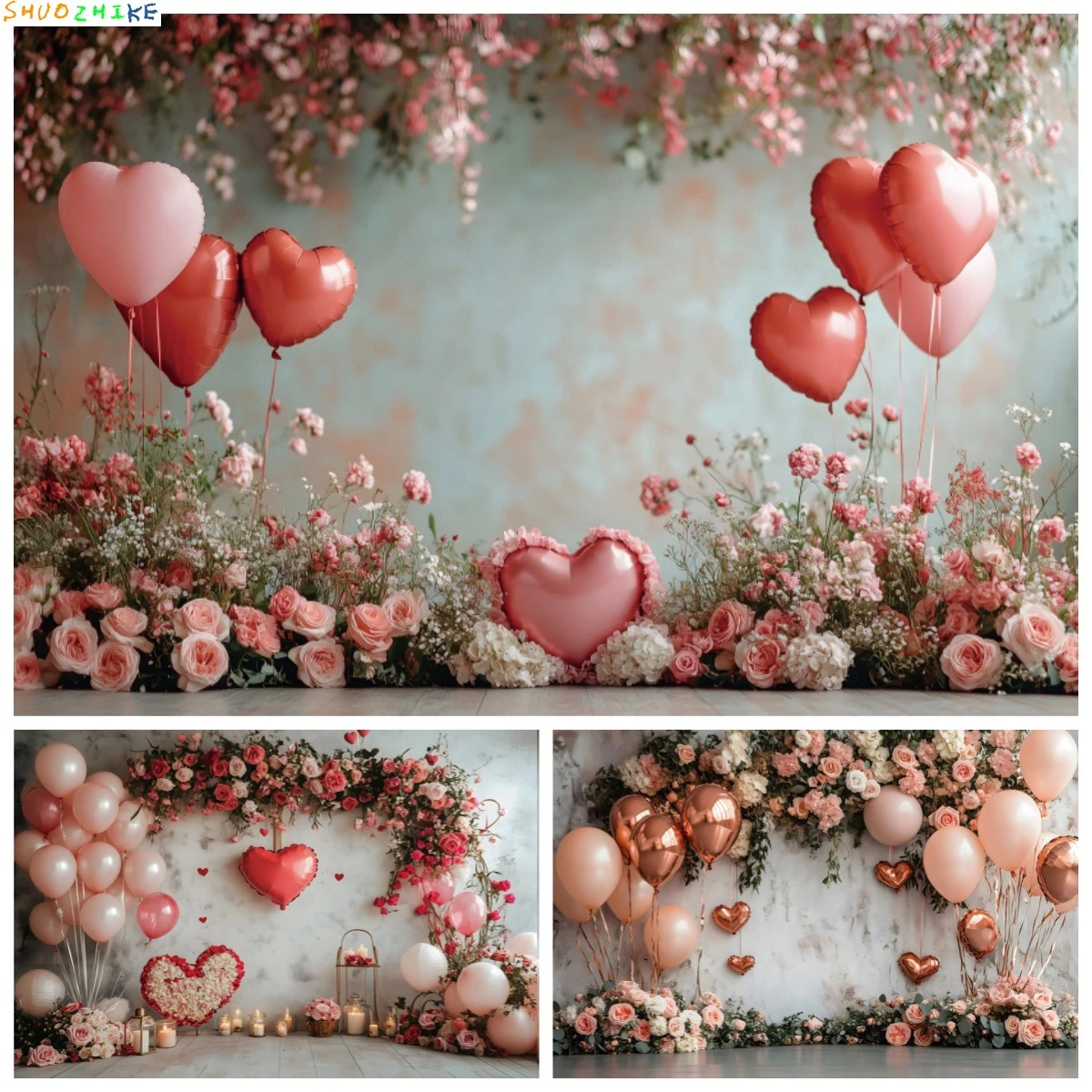 

Flowers Valentine's Day Photography Backdrop Love Heart Balloon Wedding Party Decoration Bridal Shower Portrait Photo Background