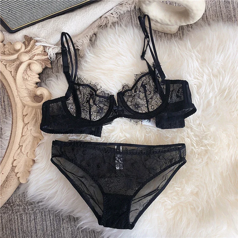 

Light luxury ultra-thin bralette lace perspective sexy steel ring half cup gathered underwear set women hollow lingerie set