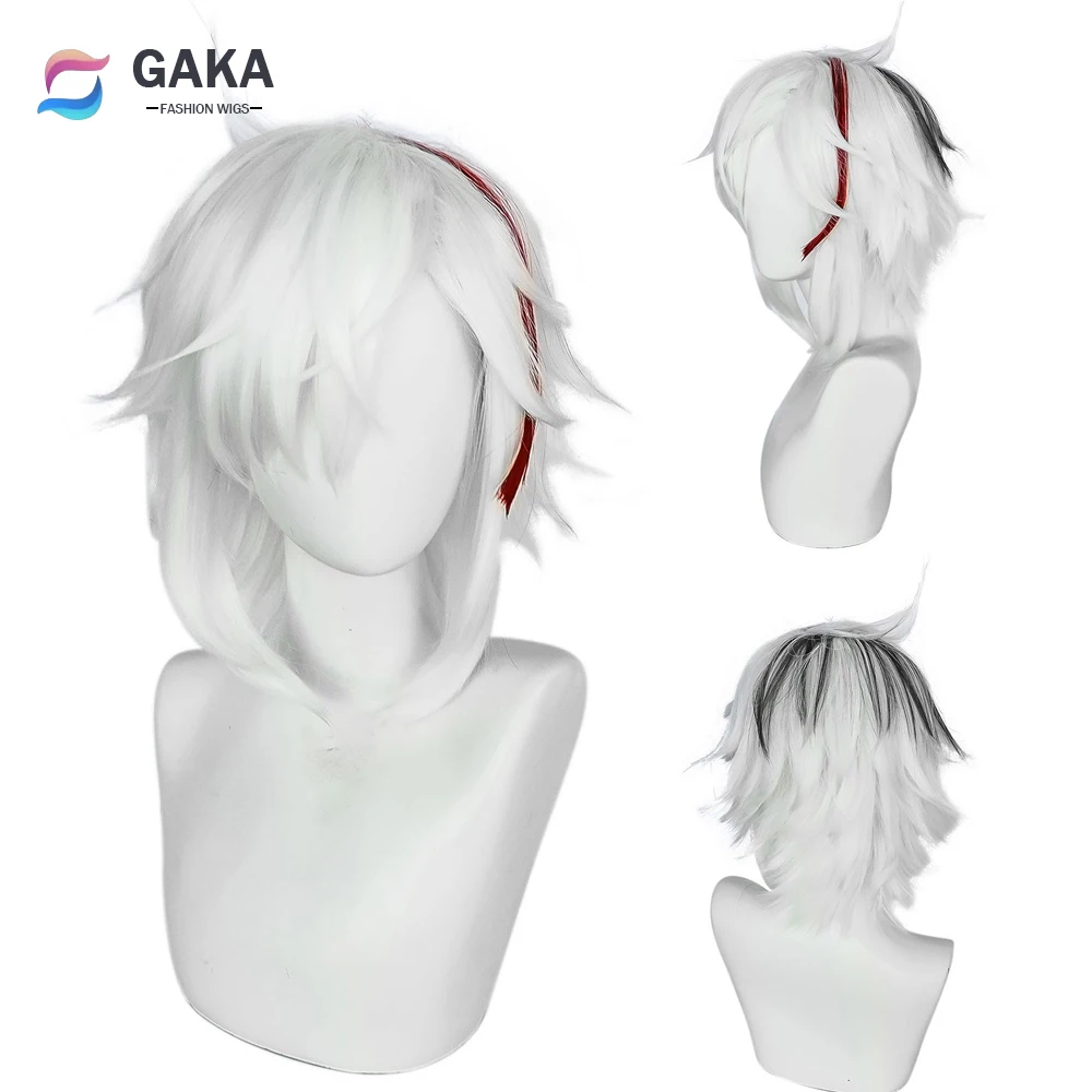 

GAKA Game Cosplay Wig Synthetic Short Straight White Black Mixed Fluffy Hair Heat Resistant Wig for Party