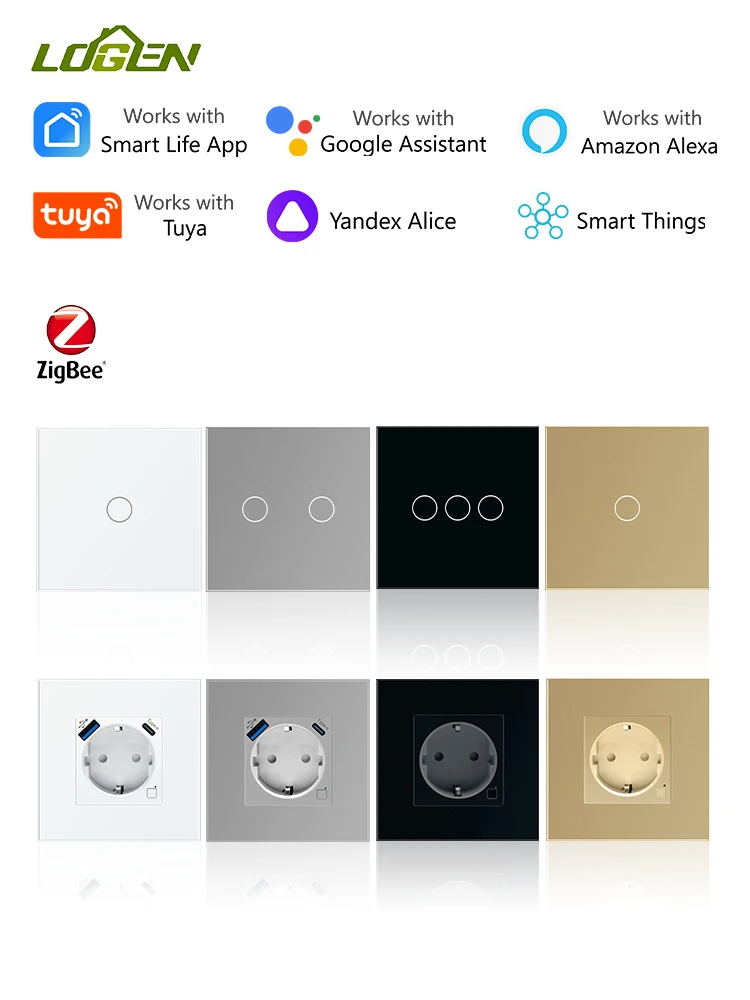 LOGEN Tuya Zigbee Smart Steckdose Smart Touch Schalter Sprachsteuerung Timer Zeitplan Alexa Glas Panel 1Way 220V Neutralleiter erforderlich