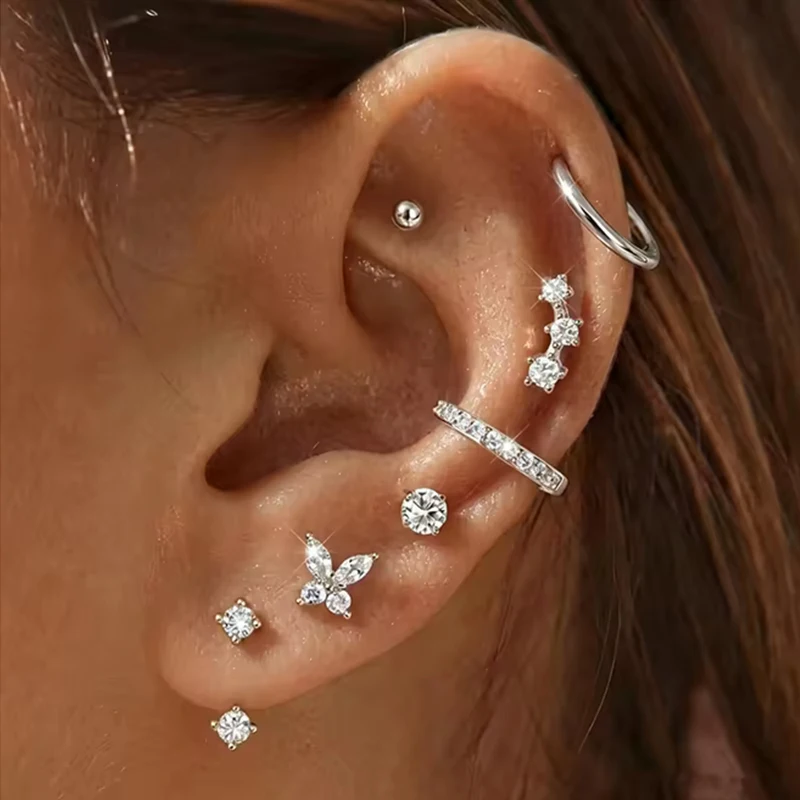 7PCS Women's Simple Ear Screen Huggie Earrings, Shiny Crystal Cartilage Piercing Spiral Ear Jewelry for Multiple Piercing
