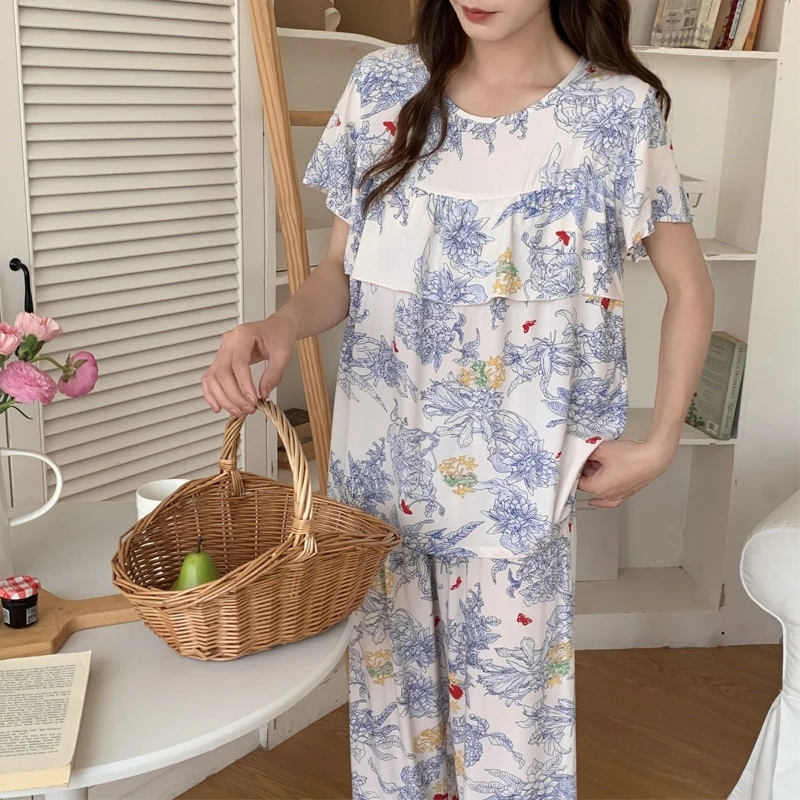 

Casual Floral Print Pajamas Set Short Sleeve Top And Elastic Pants Comfortable Loungewear And Sleepwear In Summer For Ladies Pjs
