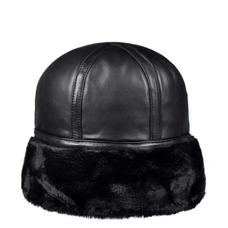 Winer Warm Beanie Caps For Men Daddy Round Real Leather Faux Fur Hat Black Bone Masculino Cold Proof Brimless Skull Russian Hat