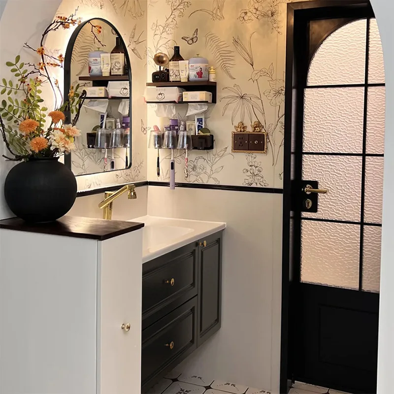 Black French retro bathroom cabinet combination bathroom washbasin ceramic integrated washbasin sink antique style