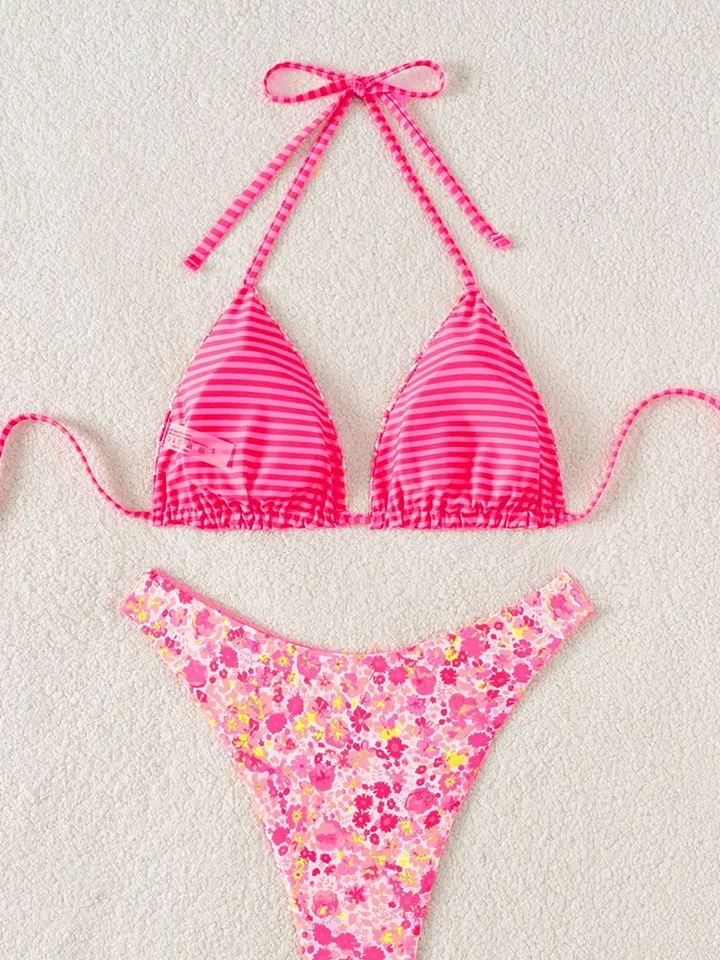 Vzvn Sexy Lace Up Print Double Sided Bikini Women Split Swimsuit Beach Brazil Bikini 2026 All Season Backless Bikini 2 Piece Set