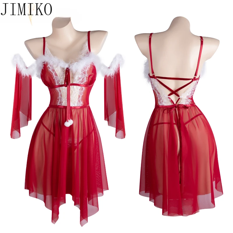 Lingerie erótica feminina vermelho natal suspender vestido sem mangas com manto vestido de baile babydoll renda santa pijamas