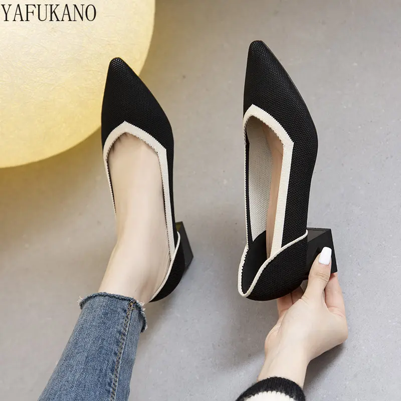 Fashion Stretch Fly Weaving Fabric Two Tone High Heels Square Mid Heel Single Shoes Female Pointed Comfort Office Work Shoes