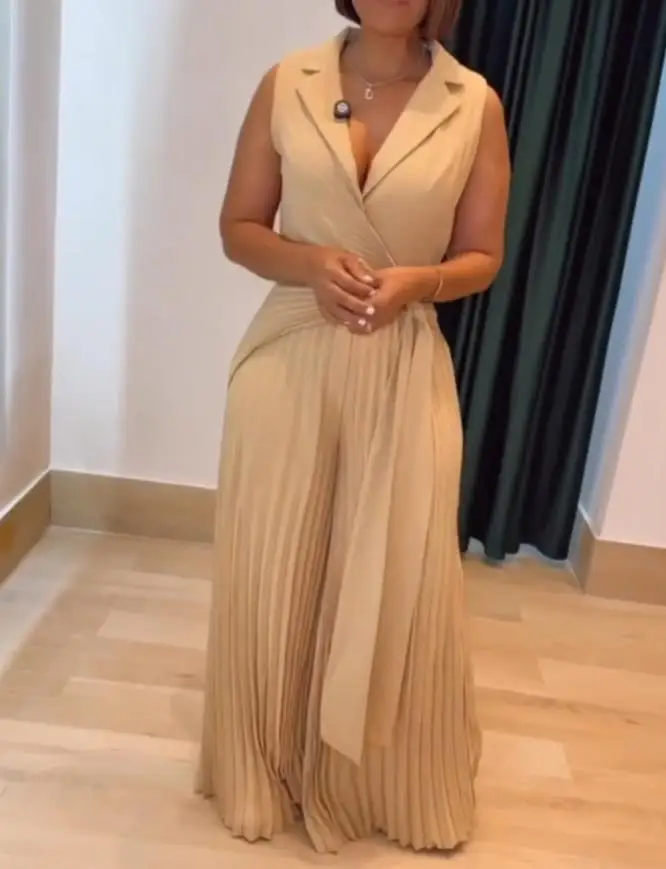 Notched Collar Sleeveless Wrap Front Tied Detail Cinched Waist Jumpsuit Women's Casual Zipper Back Wide Leg Pleated Jumpsuit
