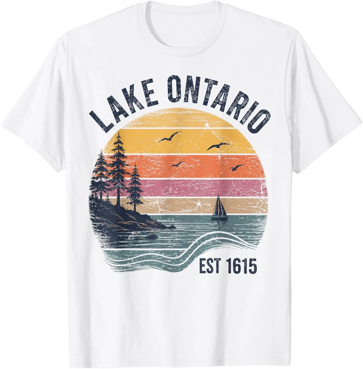 Retro Sunset Great Lakes Lake Ontario T-Shirt Cute Halloween Pumpkin Short-Sleeve Tee: Fun, Breathable, Pure Cotton, Stylish—Perfect for Sports, Lounging, or Casual Wear.