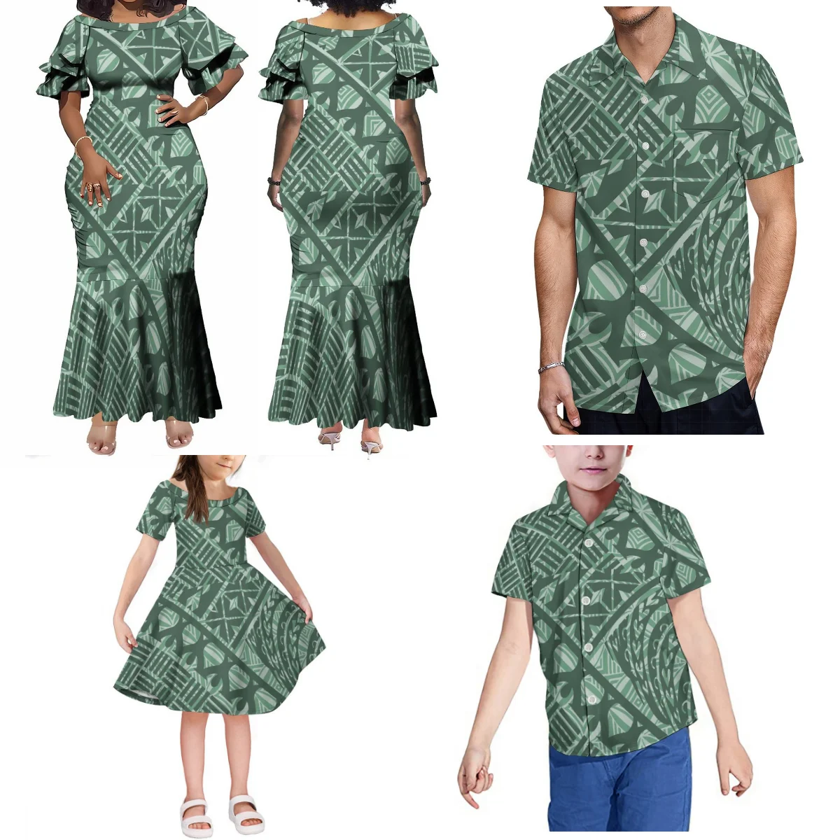 Samoan Family Party Suit Polynesian Custom Ethnic Fishtail Dress And Shirt Father Mother Son Daughter Pacific Island Dress