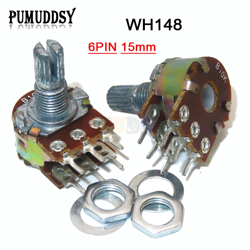 5PCS WH148 B1K B2K B5K B10K B20K B50K B100K B500K 6Pin Shaft  Amplifier Dual Stereo Potentiometer 1K 2K 5K 10K 50K 100K 500K