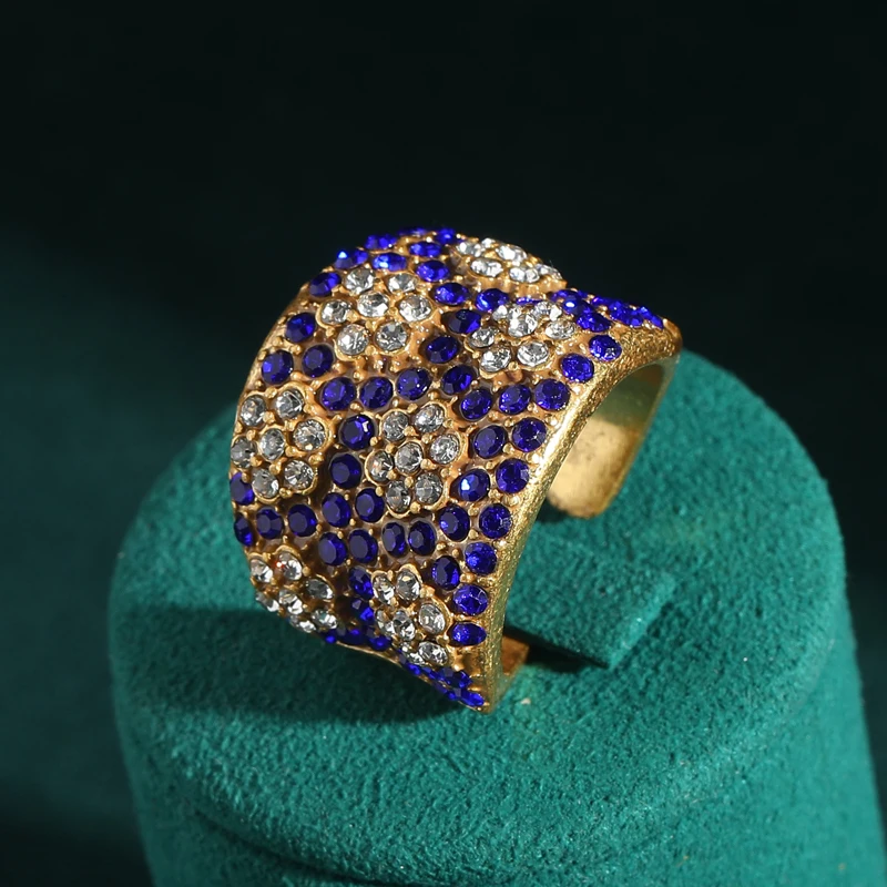 

Vintage Royal Blue Rings for Woman Rhinestone Retro High Quality Luxury Designer Gold Color Anniversary Banquet Jewelry Arrivals